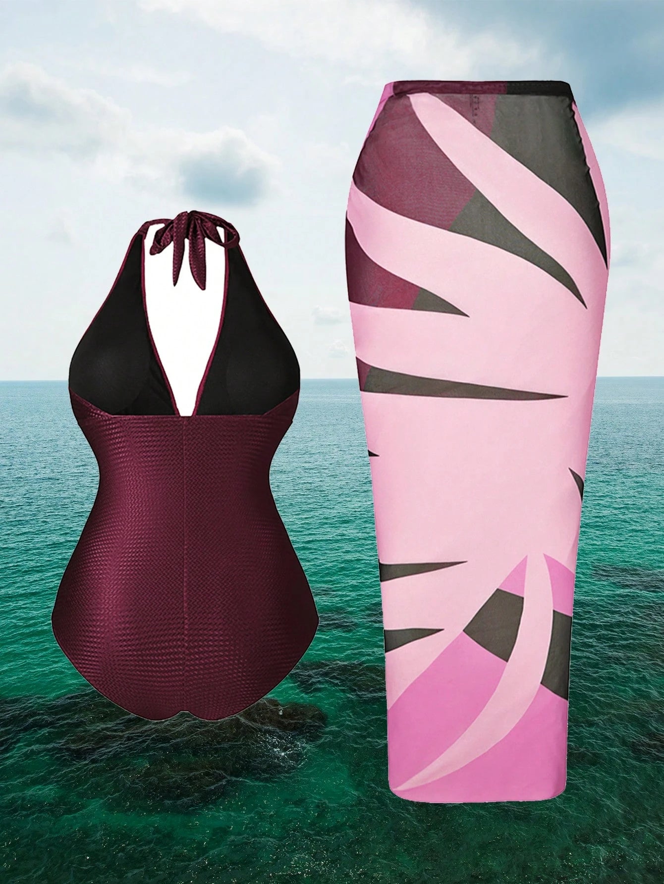 Swim Oasis Plus Size Red Summer Classy Satin One-Piece Halter Swimsuit & Color Block Cover-Up Skirt,Women's 2 Pieces Beach Outfit Cruise Bathing Suit Set