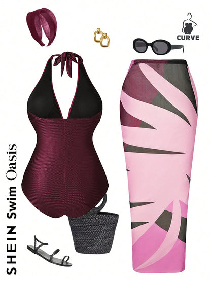 Swim Oasis Plus Size Red Summer Classy Satin One-Piece Halter Swimsuit & Color Block Cover-Up Skirt,Women's 2 Pieces Beach Outfit Cruise Bathing Suit Set