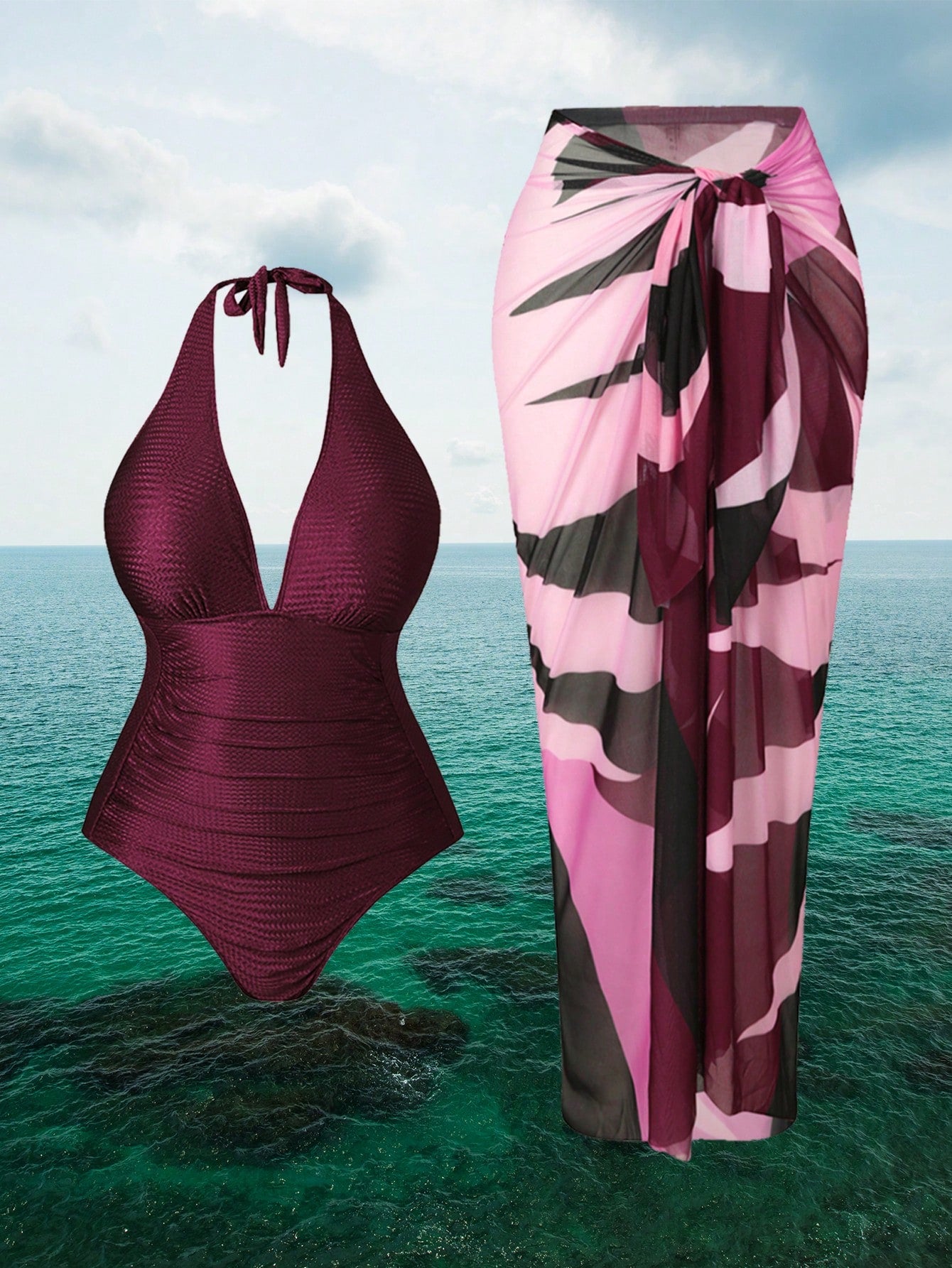 Swim Oasis Plus Size Red Summer Classy Satin One-Piece Halter Swimsuit & Color Block Cover-Up Skirt,Women's 2 Pieces Beach Outfit Cruise Bathing Suit Set