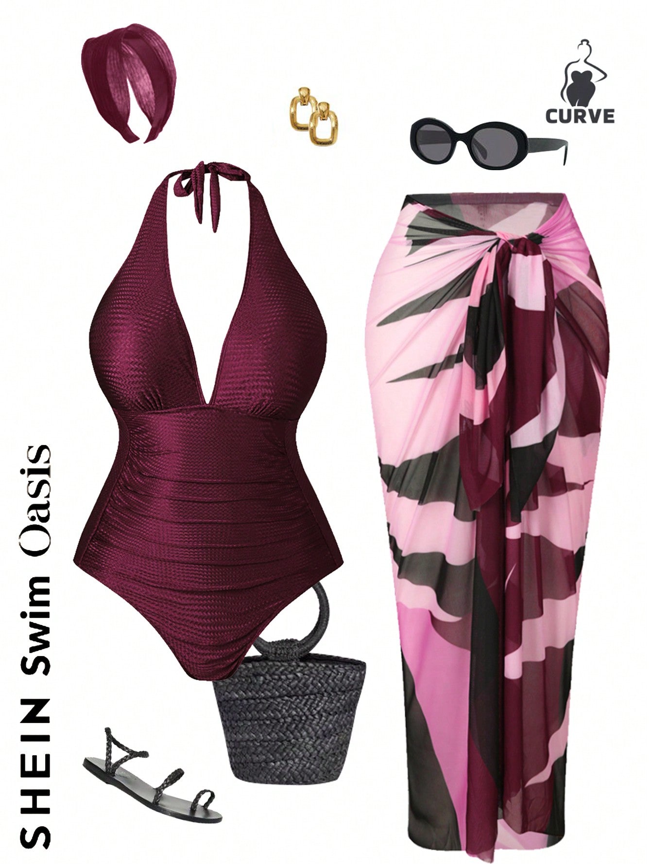 Swim Oasis Plus Size Red Summer Classy Satin One-Piece Halter Swimsuit & Color Block Cover-Up Skirt,Women's 2 Pieces Beach Outfit Cruise Bathing Suit Set