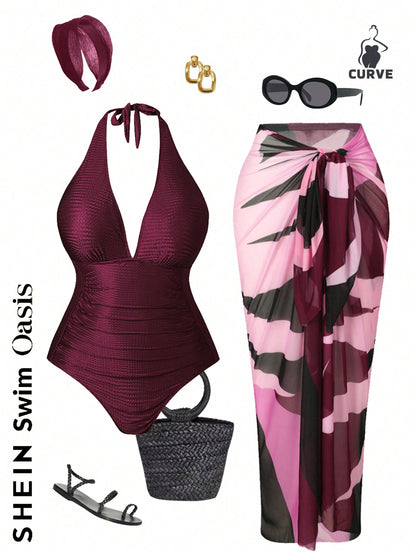 Swim Oasis Plus Size Red Summer Classy Satin One-Piece Halter Swimsuit & Color Block Cover-Up Skirt,Women's 2 Pieces Beach Outfit Cruise Bathing Suit Set