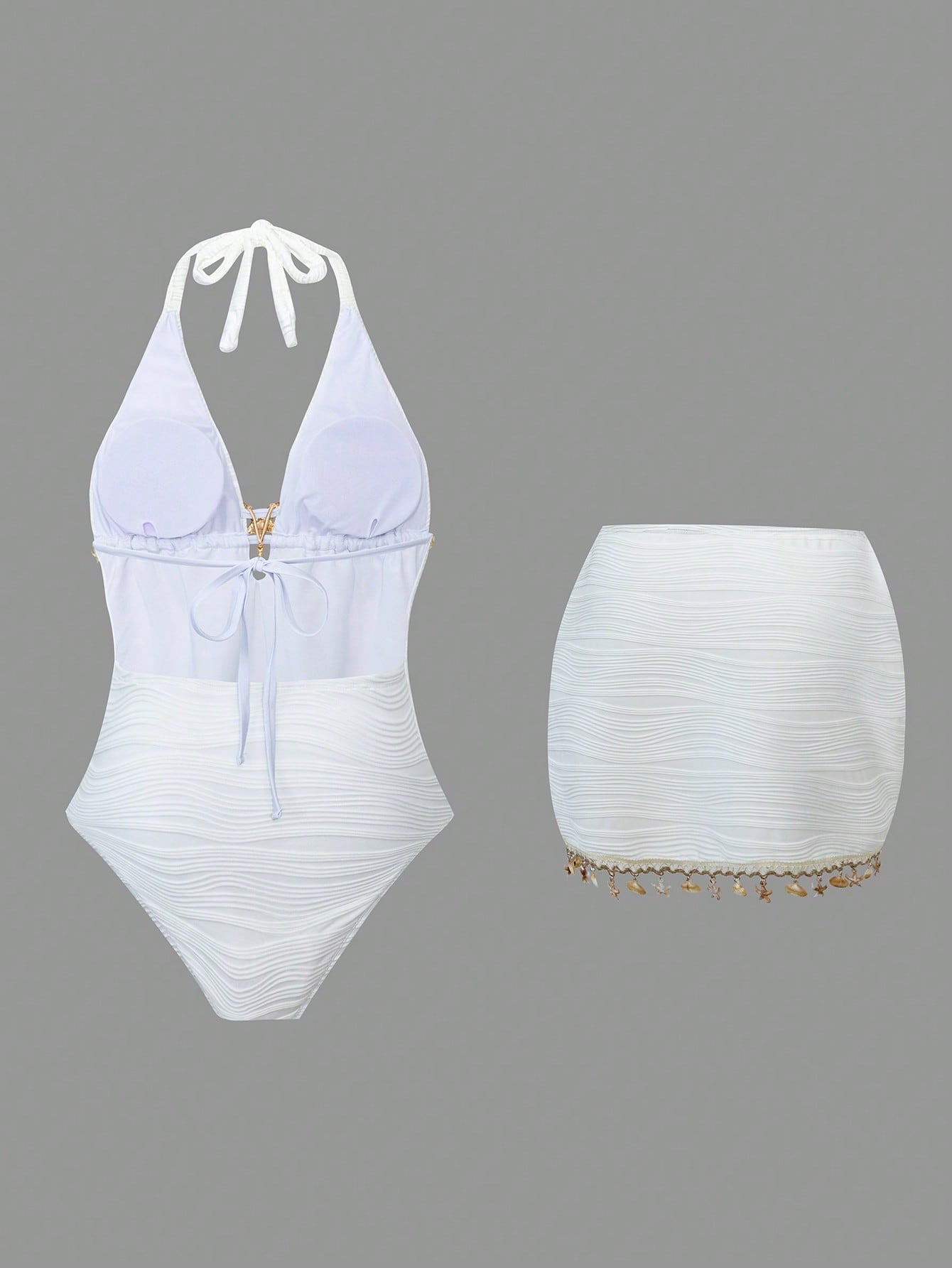 Swim Oasis Plus Size Women 2-Piece Set One-Piece Solid White Special Fabric Wave 2026 Hot-Selling New Fashion Vacation Daily Minimalist Casual Slimming Flattering Starfish Deep V-Neck Halter Tie Back