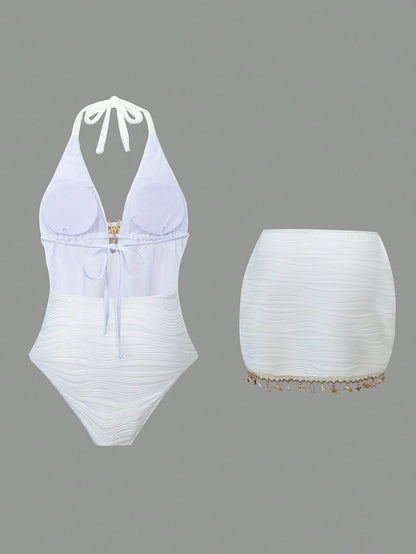 Swim Oasis Plus Size Women 2-Piece Set One-Piece Solid White Special Fabric Wave 2026 Hot-Selling New Fashion Vacation Daily Minimalist Casual Slimming Flattering Starfish Deep V-Neck Halter Tie Back