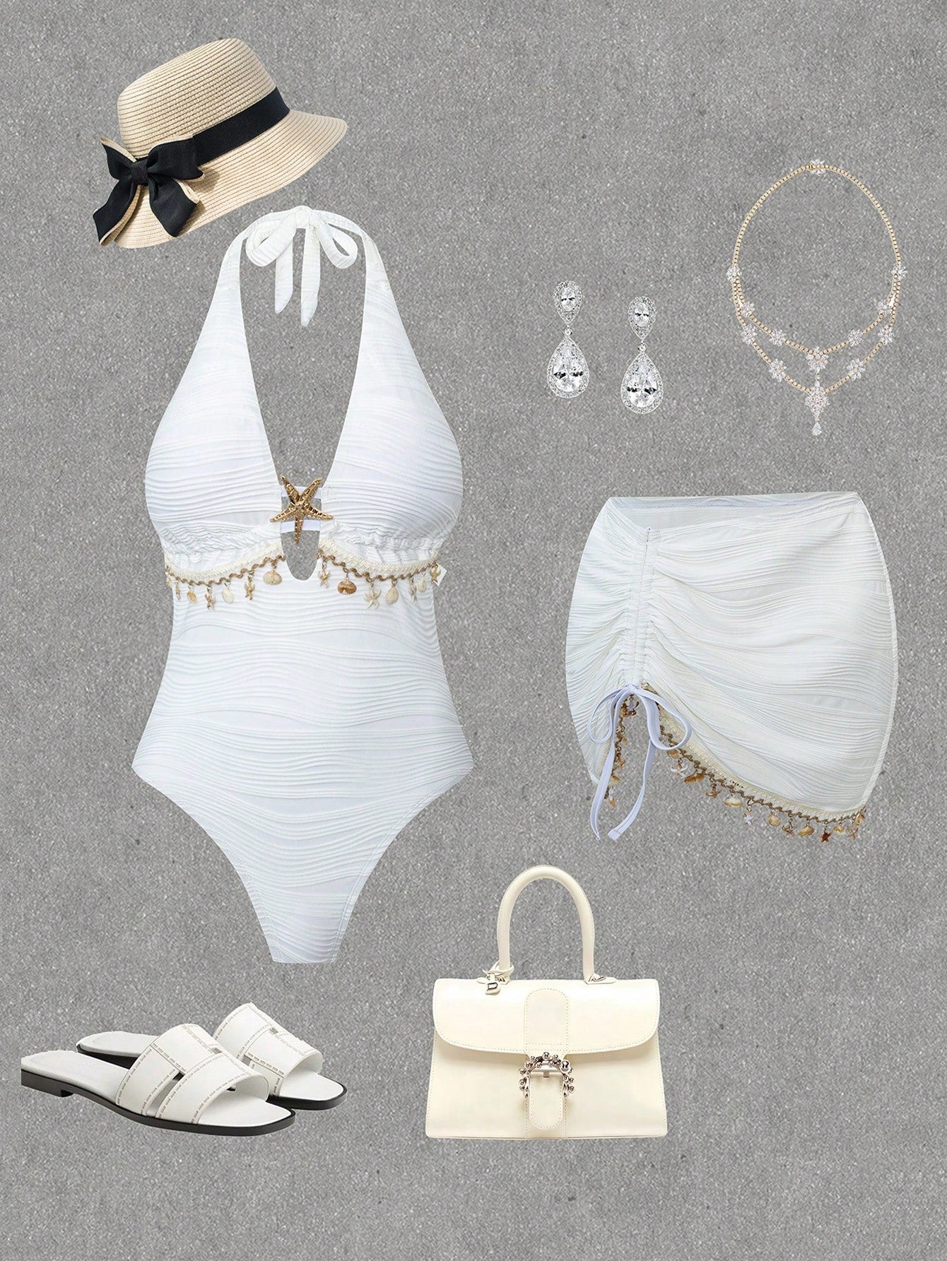 Swim Oasis Plus Size Women 2-Piece Set One-Piece Solid White Special Fabric Wave 2026 Hot-Selling New Fashion Vacation Daily Minimalist Casual Slimming Flattering Starfish Deep V-Neck Halter Tie Back
