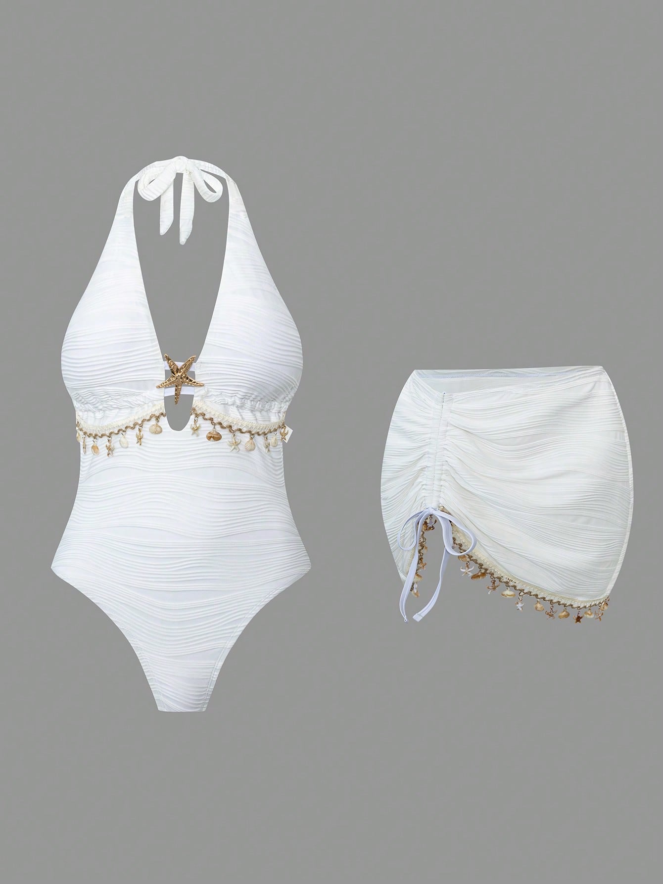 Swim Oasis Plus Size Women 2-Piece Set One-Piece Solid White Special Fabric Wave 2026 Hot-Selling New Fashion Vacation Daily Minimalist Casual Slimming Flattering Starfish Deep V-Neck Halter Tie Back