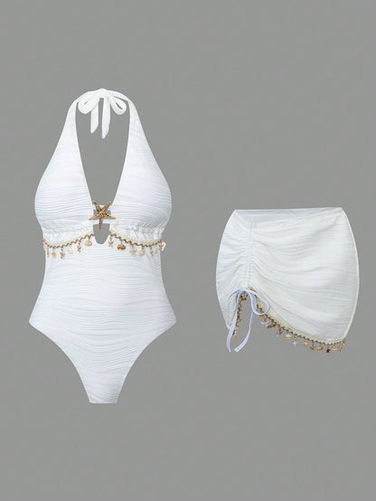 Swim Oasis Plus Size Women 2-Piece Set One-Piece Solid White Special Fabric Wave 2026 Hot-Selling New Fashion Vacation Daily Minimalist Casual Slimming Flattering Starfish Deep V-Neck Halter Tie Back