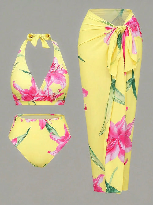 Swim Oasis Plus Size Women 3-Piece Sexy Halter Random Digital Print Beach/Pool Casual Elegant Swimwear Set