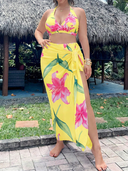 Swim Oasis Plus Size Women 3-Piece Sexy Halter Random Digital Print Beach/Pool Casual Elegant Swimwear Set