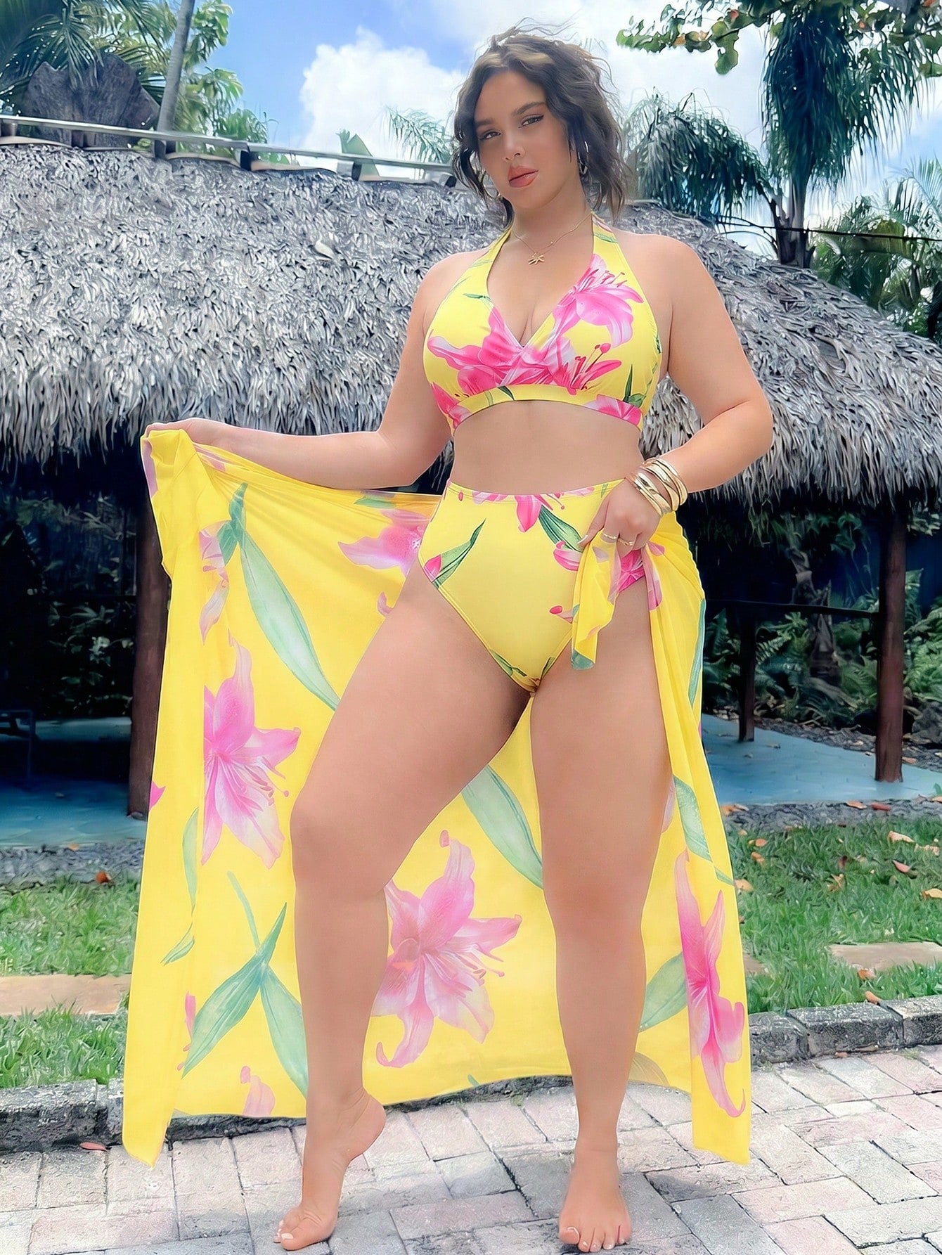 Swim Oasis Plus Size Women 3-Piece Sexy Halter Random Digital Print Beach/Pool Casual Elegant Swimwear Set