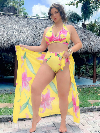 Swim Oasis Plus Size Women 3-Piece Sexy Halter Random Digital Print Beach/Pool Casual Elegant Swimwear Set