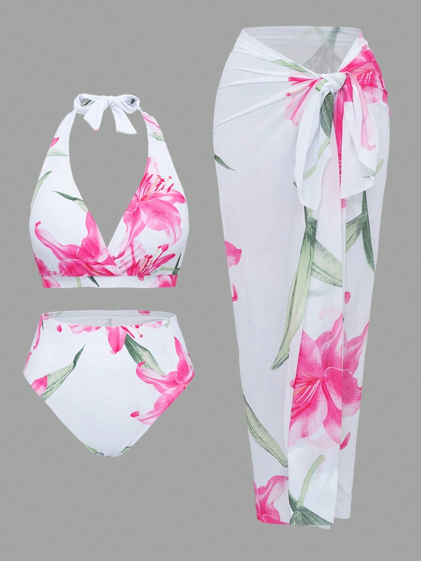 Swim Oasis Plus Size Women 3-Piece Sexy Halter Random Digital Print Beach/Pool Casual Elegant Swimwear Set