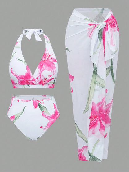 Swim Oasis Plus Size Women 3-Piece Sexy Halter Random Digital Print Beach/Pool Casual Elegant Swimwear Set