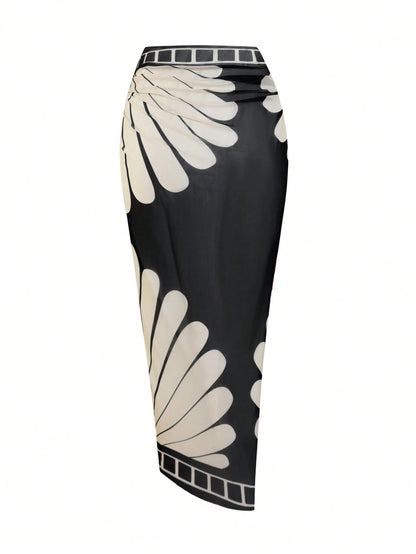 Swim Oasis Plus Size Women's Oasis Premium Floral Print Long Sheer Cover-Up, Summer Beach Beach Vacation Vacation Wear White Boho