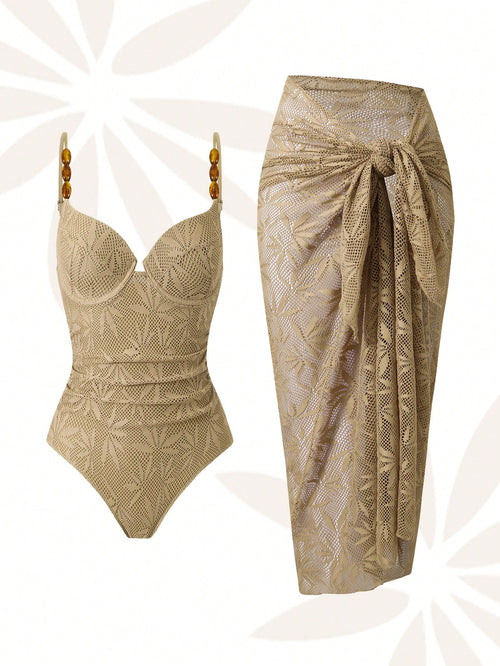 Swim Oasis Plus Size Women's One-Piece Swimsuit With Skirt,Khaki,Summer,Elegant,Beach,Holiday Special Fabric Mesh Rhinestone Supportive Straps Waist