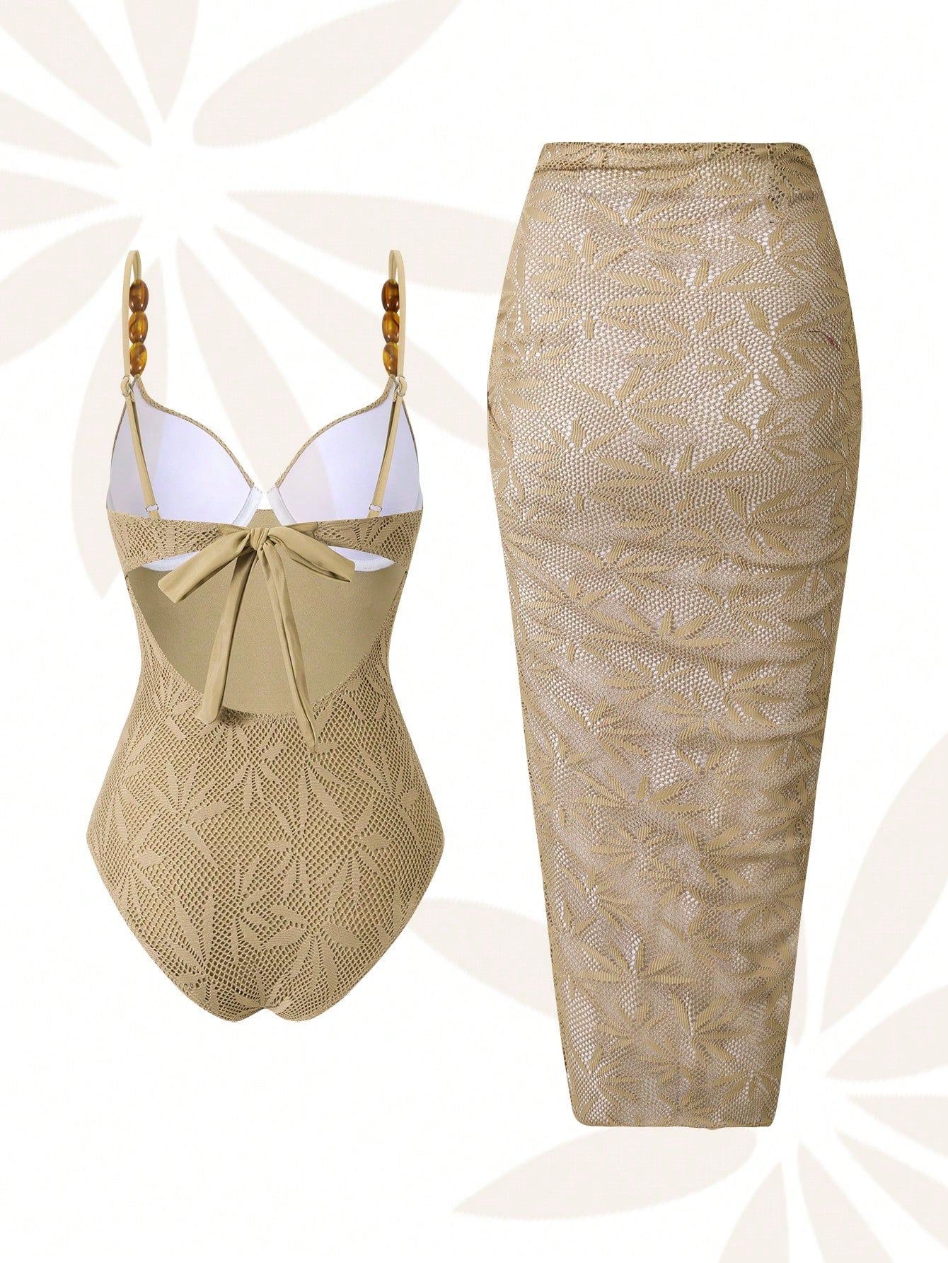 Swim Oasis Plus Size Women's One-Piece Swimsuit With Skirt,Khaki,Summer,Elegant,Beach,Holiday Special Fabric Mesh Rhinestone Supportive Straps Waist