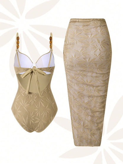 Swim Oasis Plus Size Women's One-Piece Swimsuit With Skirt,Khaki,Summer,Elegant,Beach,Holiday Special Fabric Mesh Rhinestone Supportive Straps Waist