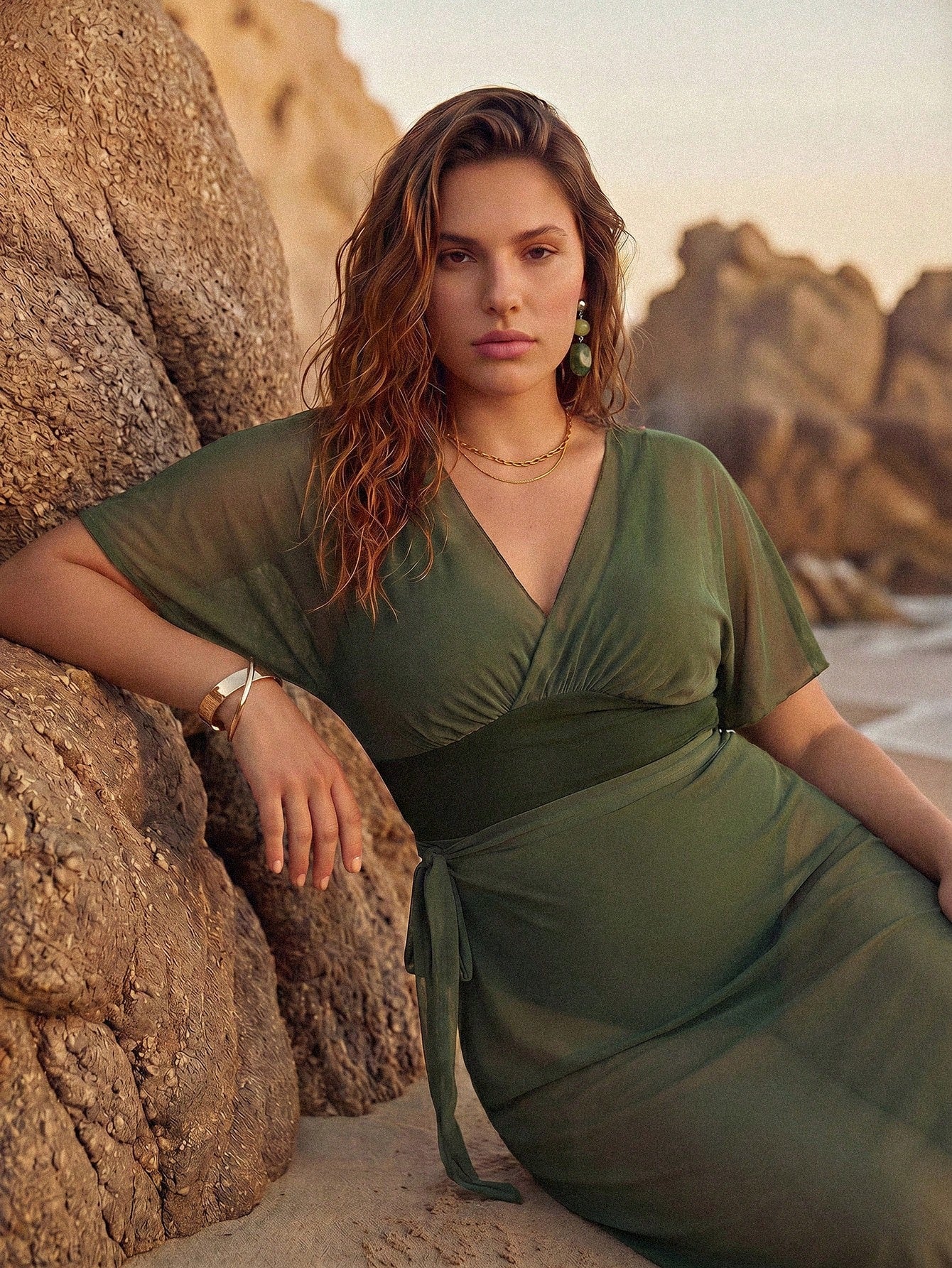 Swim Oasis Plus Size Women's Solid Color V-Neck One-Piece Swimsuit And Skirt Set, Suitable For Beach Vacation, Pool Party, Beach Party