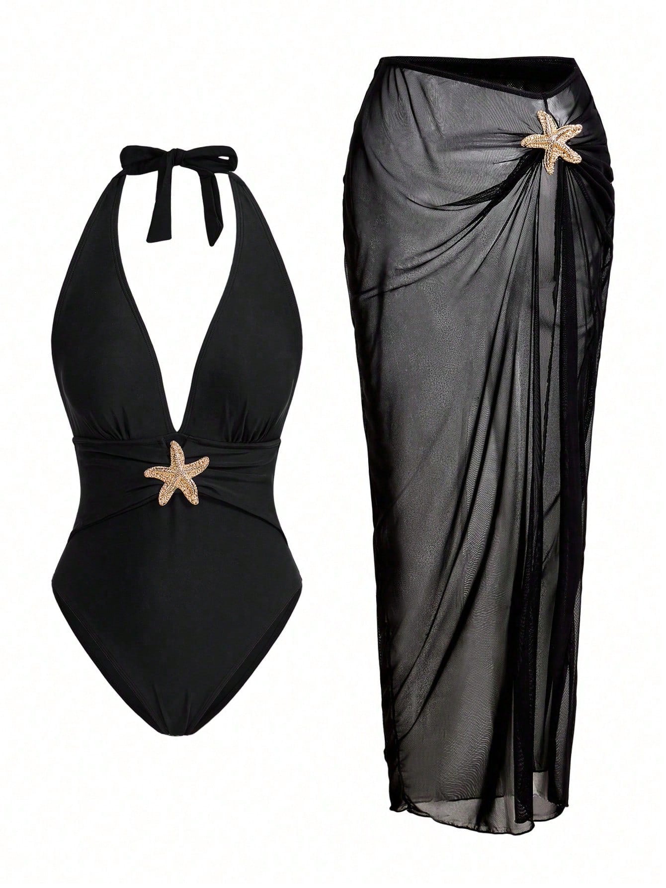 Swim Oasis Sunner Vacation Elegant Romantic Starfish Decor One-Piece Swimsuit Set For Summer