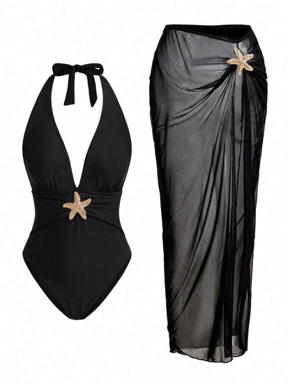 Swim Oasis Sunner Vacation Elegant Romantic Starfish Decor One-Piece Swimsuit Set For Summer