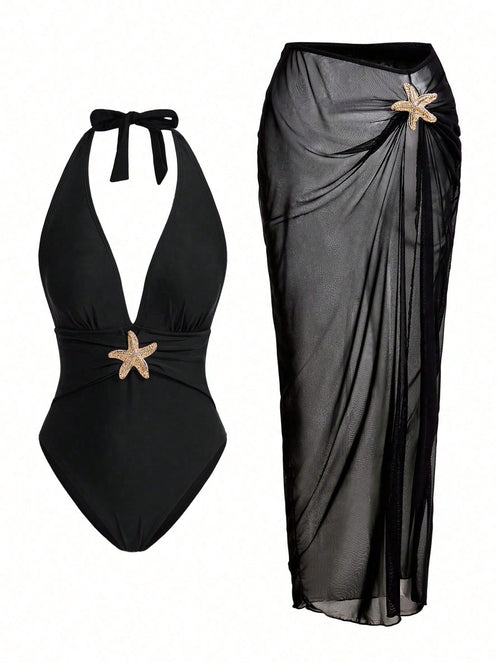 Swim Oasis Sunner Vacation Elegant Romantic Starfish Decor One-Piece Swimsuit Set For Summer