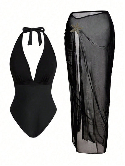 Swim Oasis Sunner Vacation Elegant Romantic Starfish Decor One-Piece Swimsuit Set For Summer