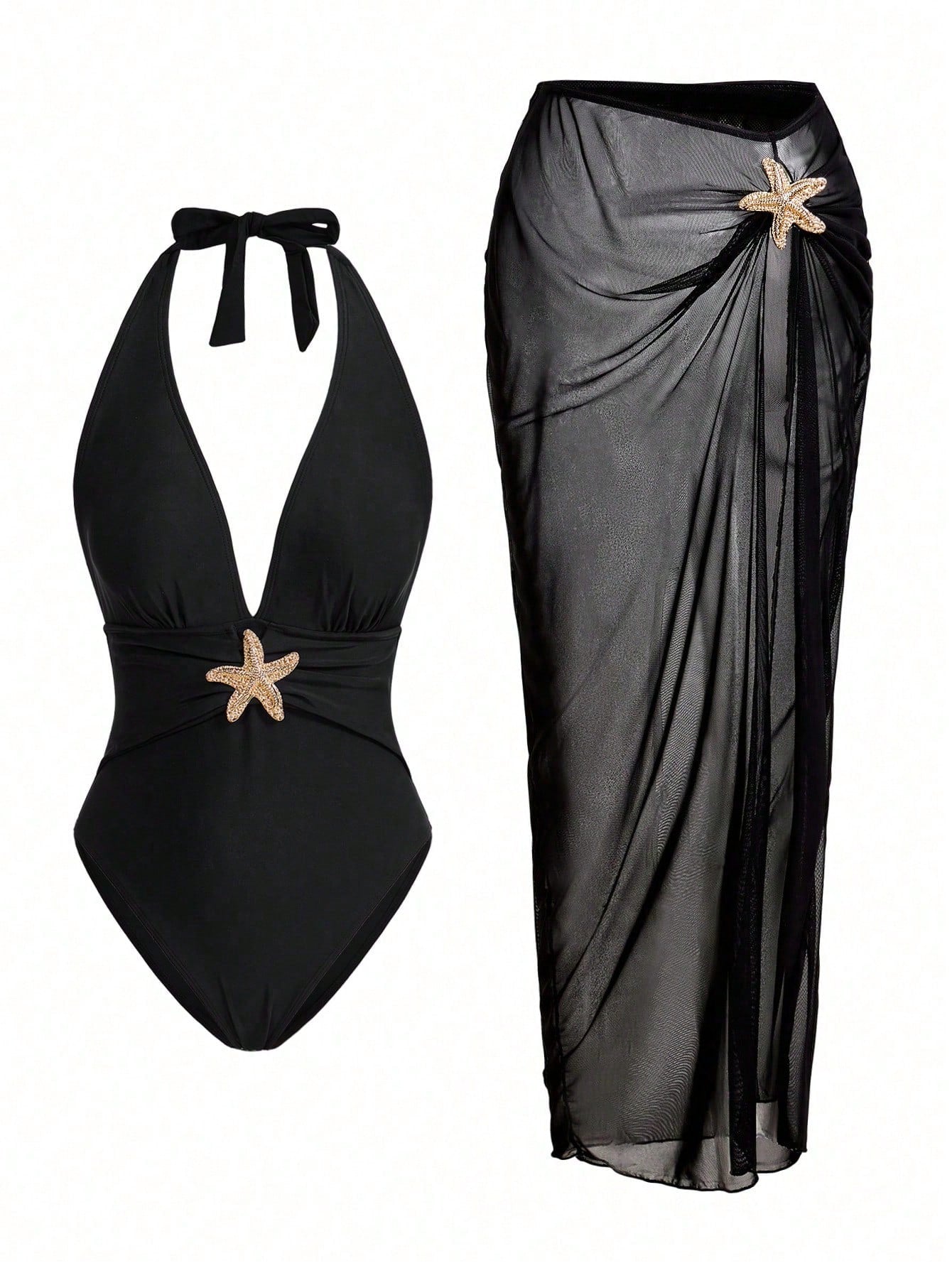 Swim Oasis Sunner Vacation Elegant Romantic Starfish Decor One-Piece Swimsuit Set For Summer