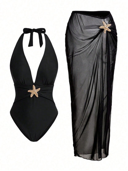 Swim Oasis Sunner Vacation Elegant Romantic Starfish Decor One-Piece Swimsuit Set For Summer