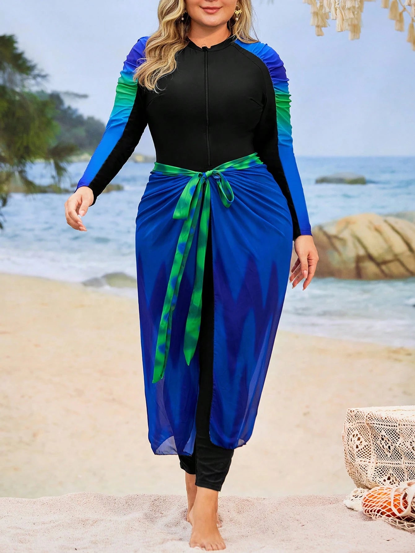 Swim Shayni Plus Size Women 2 Pieces Blue Modest Burkini Set,Gradient Printed Long Sleeves Swimsuit With Half Sheer Maxi Skirt,Front Zip Summer Beach Holiday
