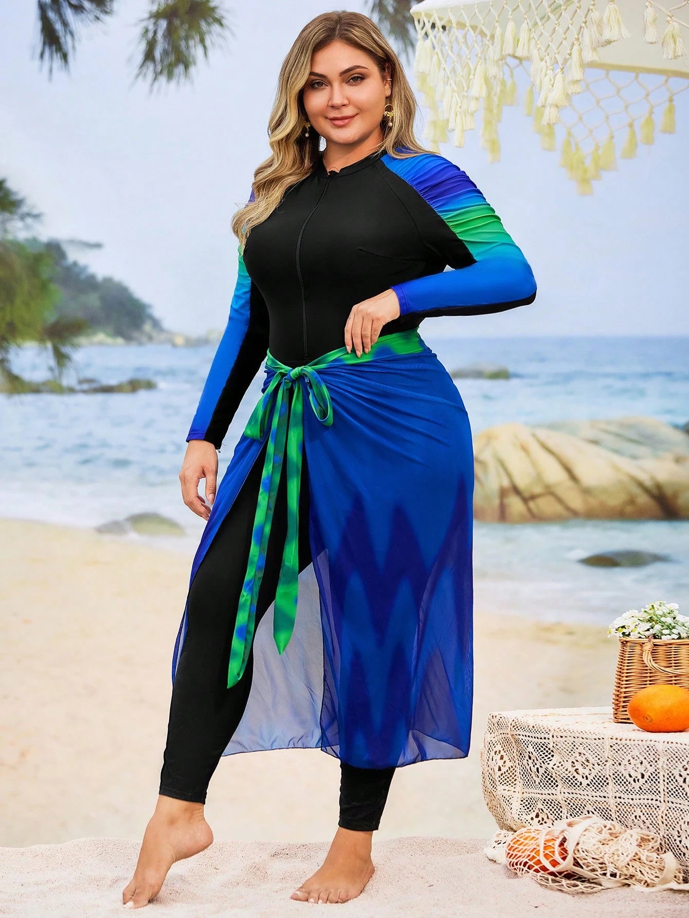 Swim Shayni Plus Size Women 2 Pieces Blue Modest Burkini Set,Gradient Printed Long Sleeves Swimsuit With Half Sheer Maxi Skirt,Front Zip Summer Beach Holiday