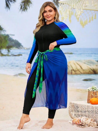 Swim Shayni Plus Size Women 2 Pieces Blue Modest Burkini Set,Gradient Printed Long Sleeves Swimsuit With Half Sheer Maxi Skirt,Front Zip Summer Beach Holiday
