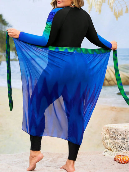 Swim Shayni Plus Size Women 2 Pieces Blue Modest Burkini Set,Gradient Printed Long Sleeves Swimsuit With Half Sheer Maxi Skirt,Front Zip Summer Beach Holiday