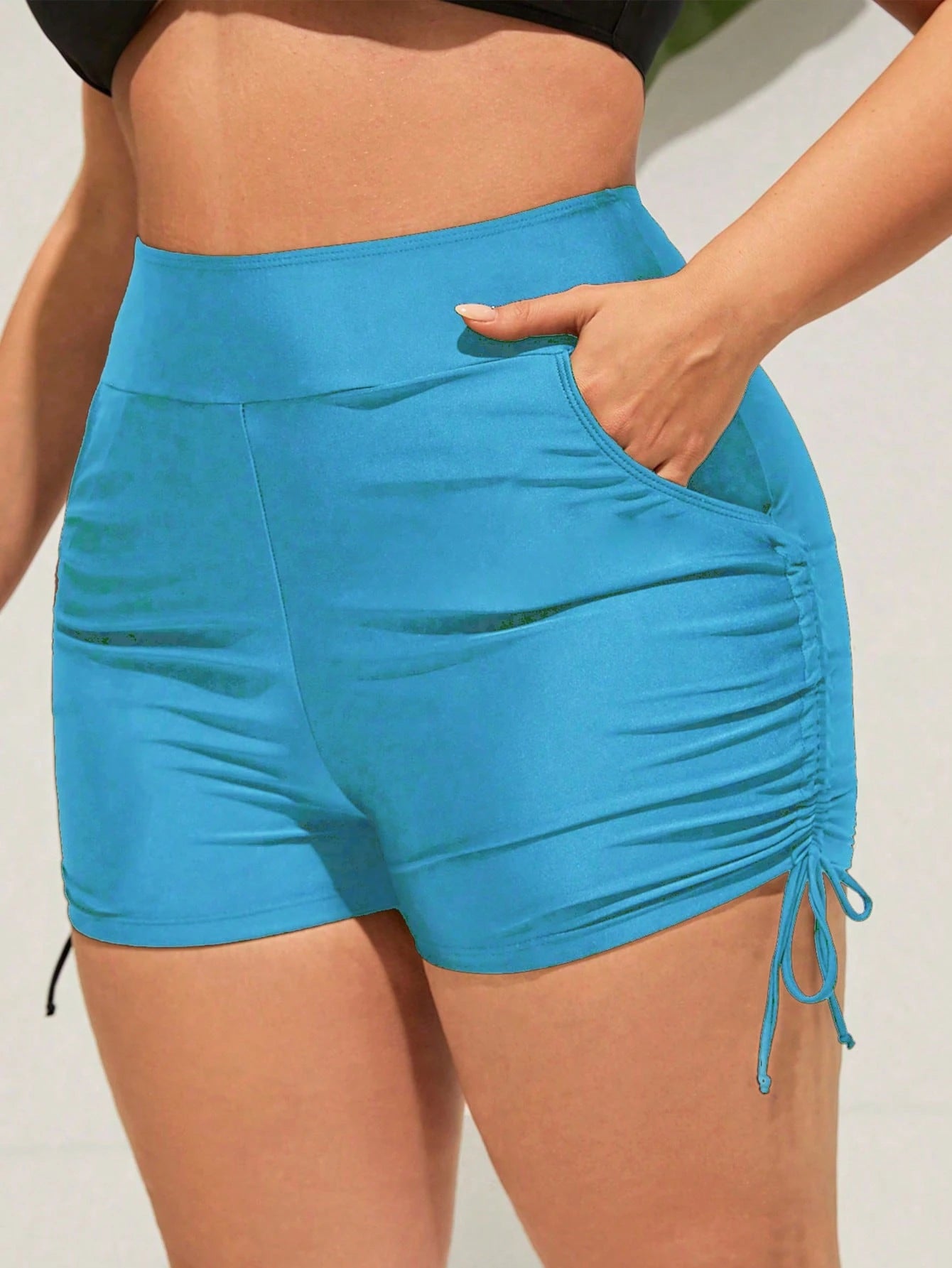 Swim SPRTY Plus Size Women Solid Color Pleated Pocket Swim Shorts, Suitable For Summer Vacation Beach Sky Blue