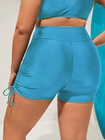 Swim SPRTY Plus Size Women Solid Color Pleated Pocket Swim Shorts, Suitable For Summer Vacation Beach Sky Blue