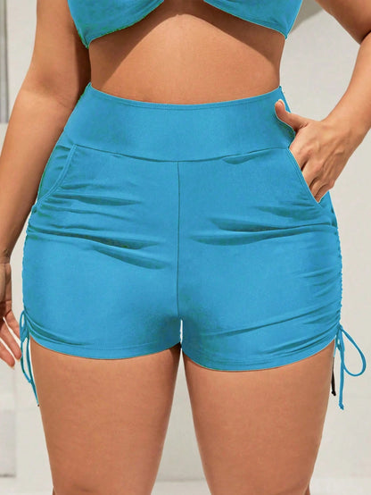 Swim SPRTY Plus Size Women Solid Color Pleated Pocket Swim Shorts, Suitable For Summer Vacation Beach Sky Blue