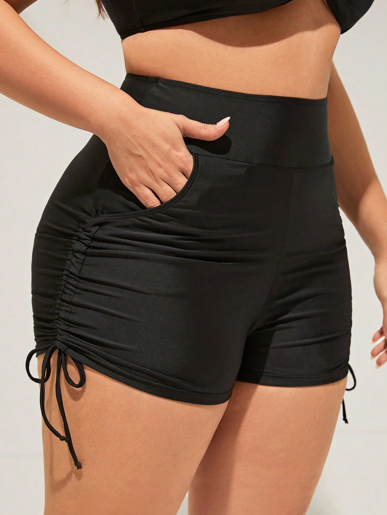 Swim SPRTY Plus Size Women Solid Color Pleated Pocket Swim Shorts, Suitable For Summer Vacation Beach Sky Blue