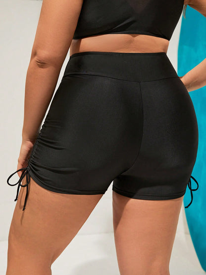 Swim SPRTY Plus Size Women Solid Color Pleated Pocket Swim Shorts, Suitable For Summer Vacation Beach Sky Blue