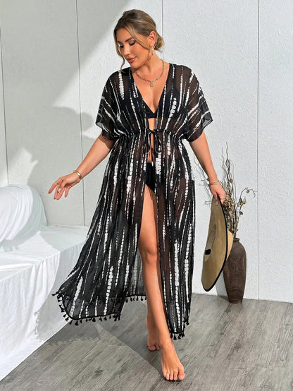 Swim Summer Beach Vacation Tassel Detail Cardigan Plus Size Women Tie-Dye Kimono