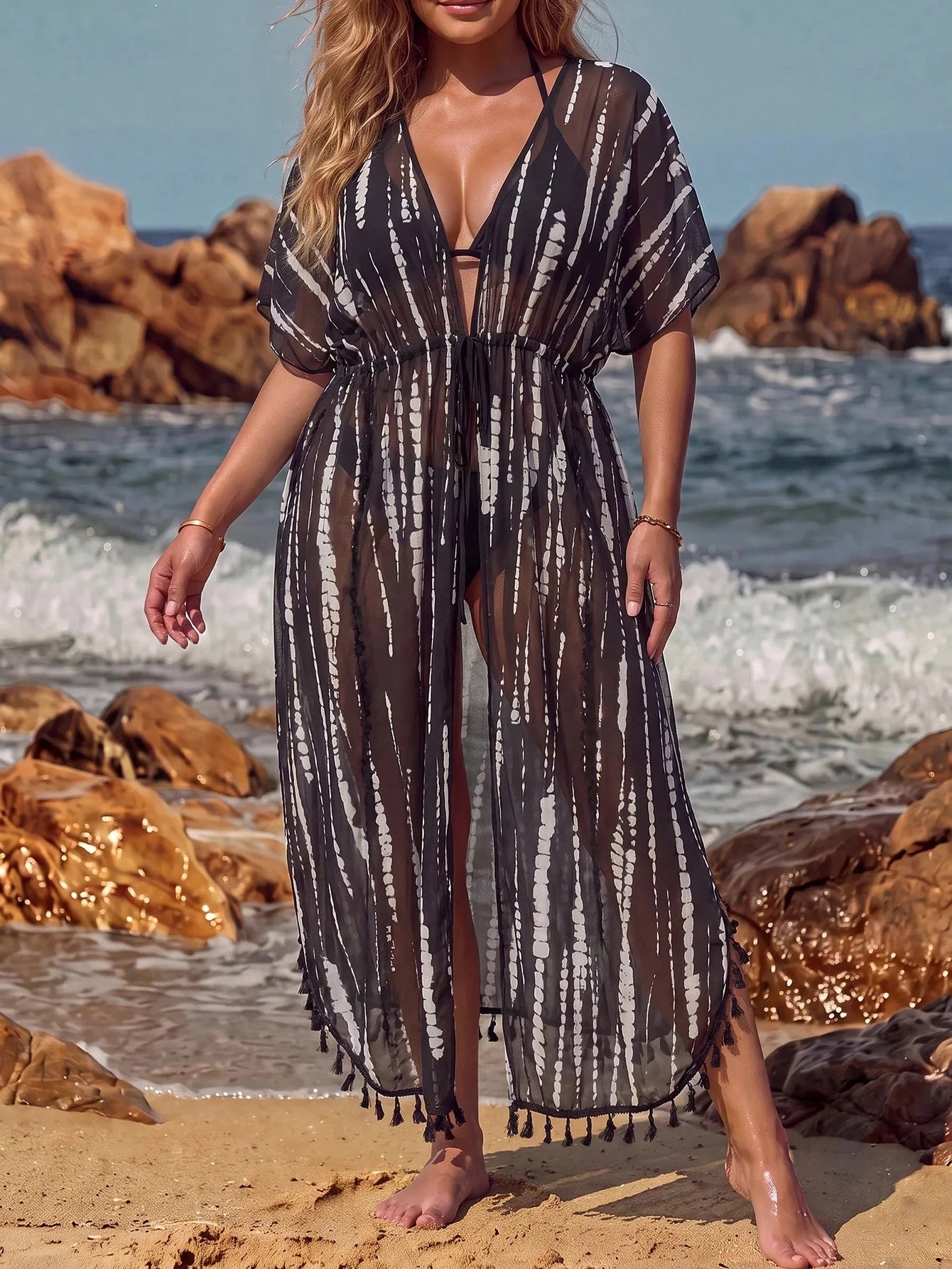 Swim Summer Beach Vacation Tassel Detail Cardigan Plus Size Women Tie-Dye Kimono