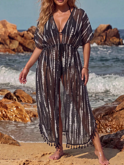 Swim Summer Beach Vacation Tassel Detail Cardigan Plus Size Women Tie-Dye Kimono