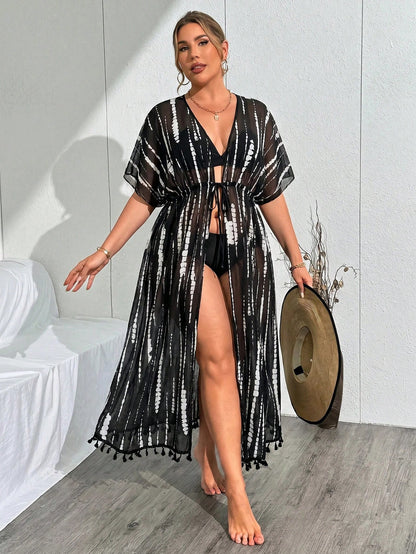 Swim Summer Beach Vacation Tassel Detail Cardigan Plus Size Women Tie-Dye Kimono
