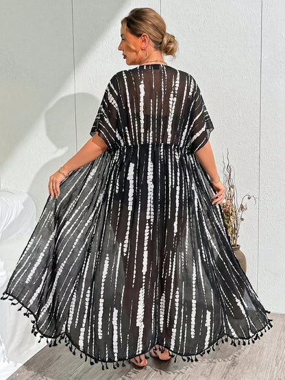 Swim Summer Beach Vacation Tassel Detail Cardigan Plus Size Women Tie-Dye Kimono