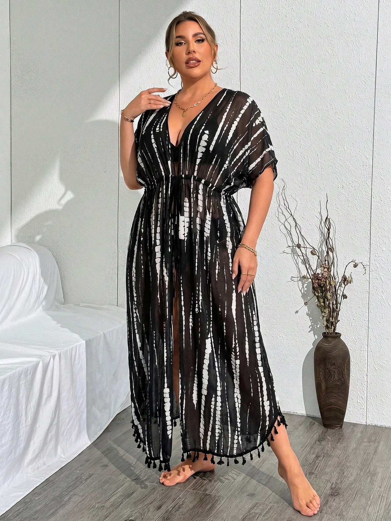Swim Summer Beach Vacation Tassel Detail Cardigan Plus Size Women Tie-Dye Kimono