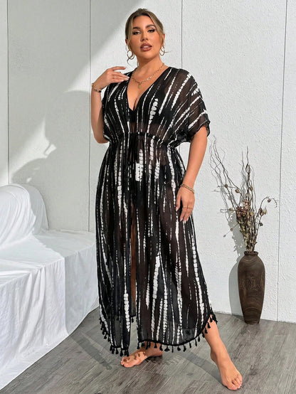 Swim Summer Beach Vacation Tassel Detail Cardigan Plus Size Women Tie-Dye Kimono