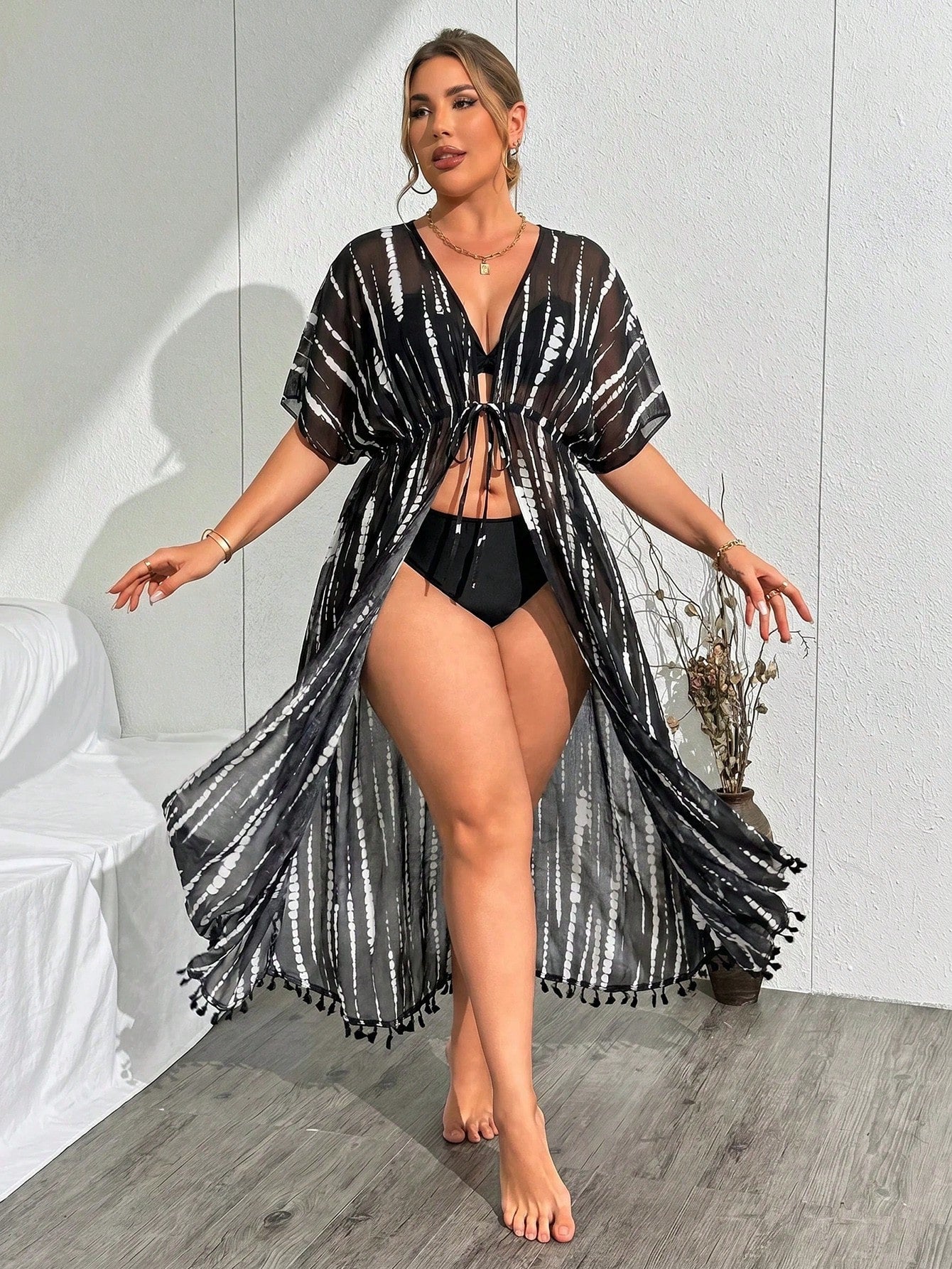 Swim Summer Beach Vacation Tassel Detail Cardigan Plus Size Women Tie-Dye Kimono