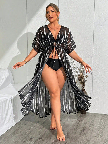Swim Summer Beach Vacation Tassel Detail Cardigan Plus Size Women Tie-Dye Kimono