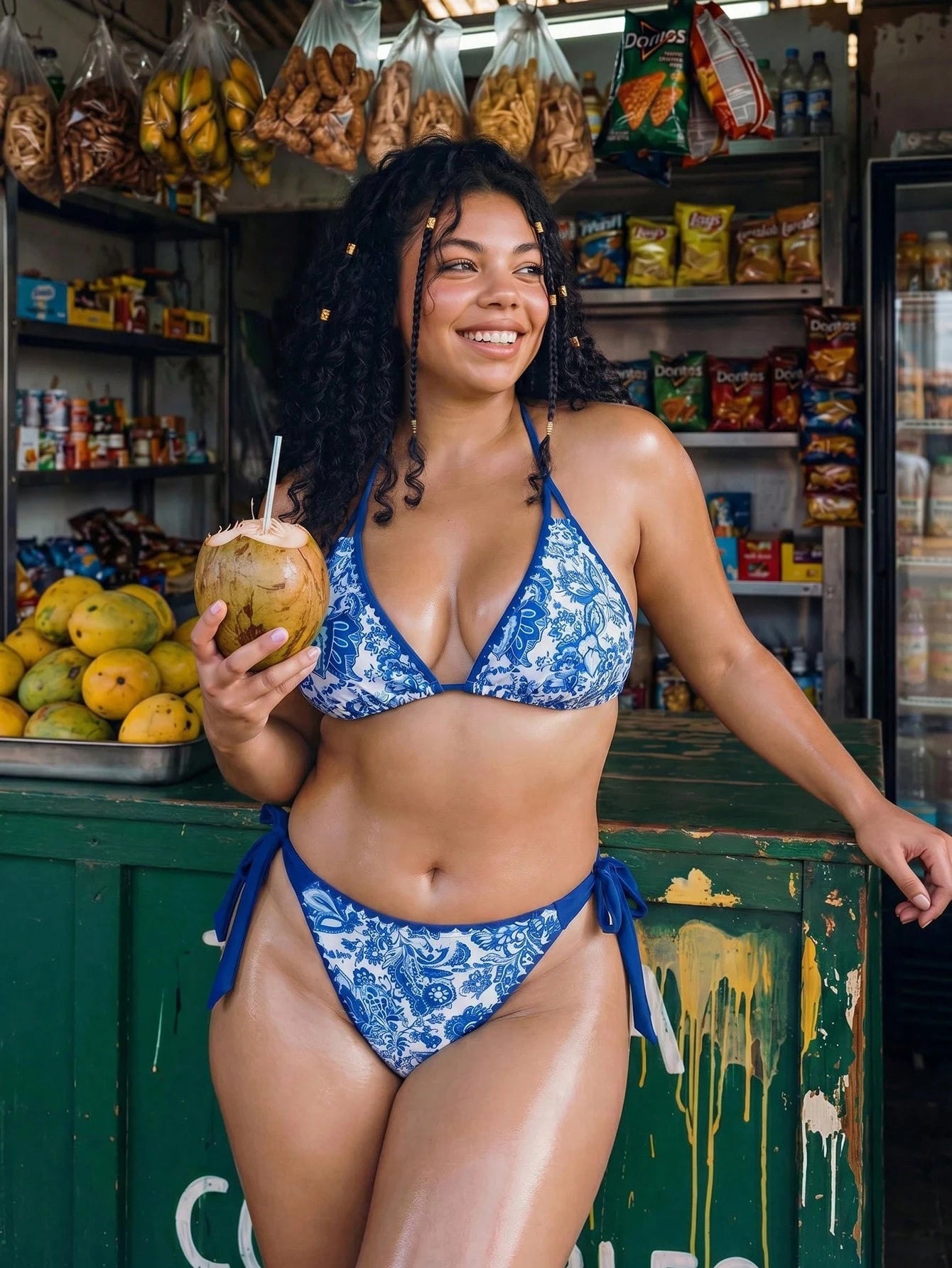 Swim SXY 2026 New Women's Summer Plus Size Fashion Bikini Set Set, Halter Neck Tie Triangle Top, Sexy Blue And White Porcelain Print Casual Vacation Bikini 2-Piece Set