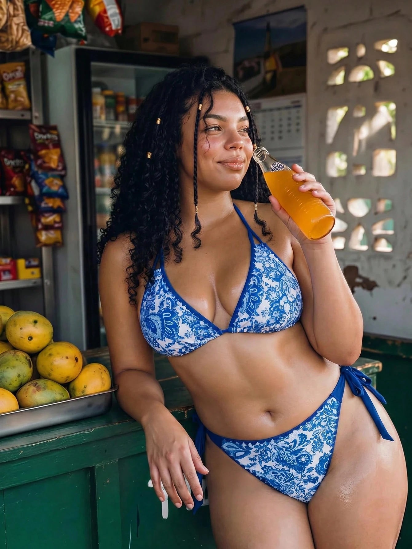 Swim SXY 2026 New Women's Summer Plus Size Fashion Bikini Set Set, Halter Neck Tie Triangle Top, Sexy Blue And White Porcelain Print Casual Vacation Bikini 2-Piece Set