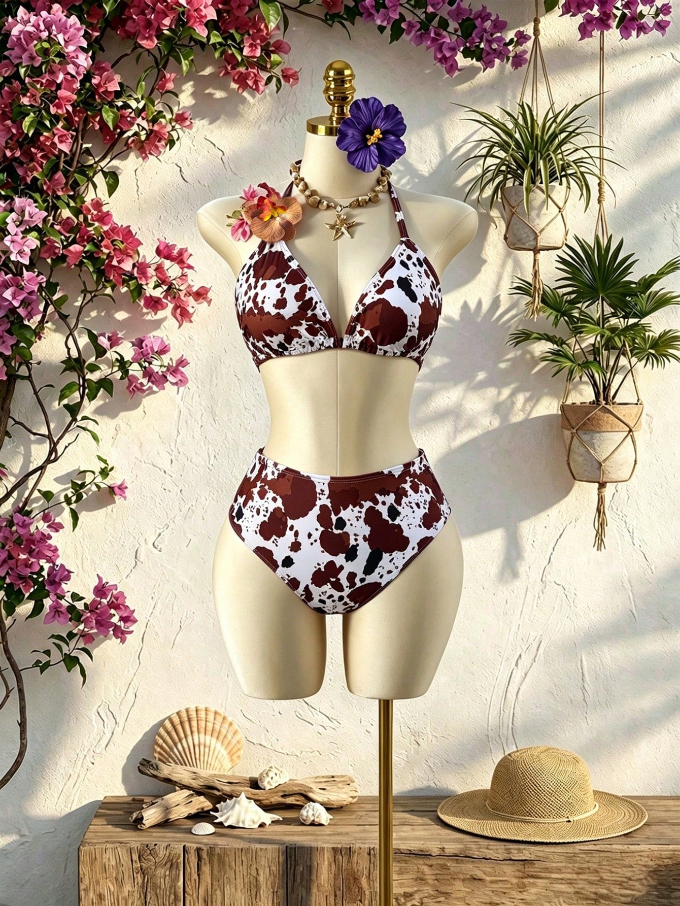 Swim SXY Plus Size 3pcs Floral Accent Solid Color Sexy Women Swimwear Set