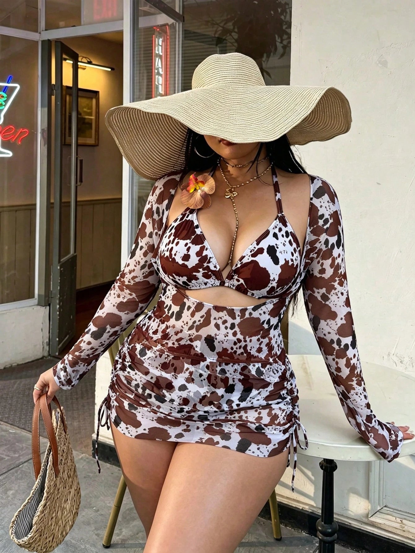 Swim SXY Plus Size 3pcs Floral Accent Solid Color Sexy Women Swimwear Set
