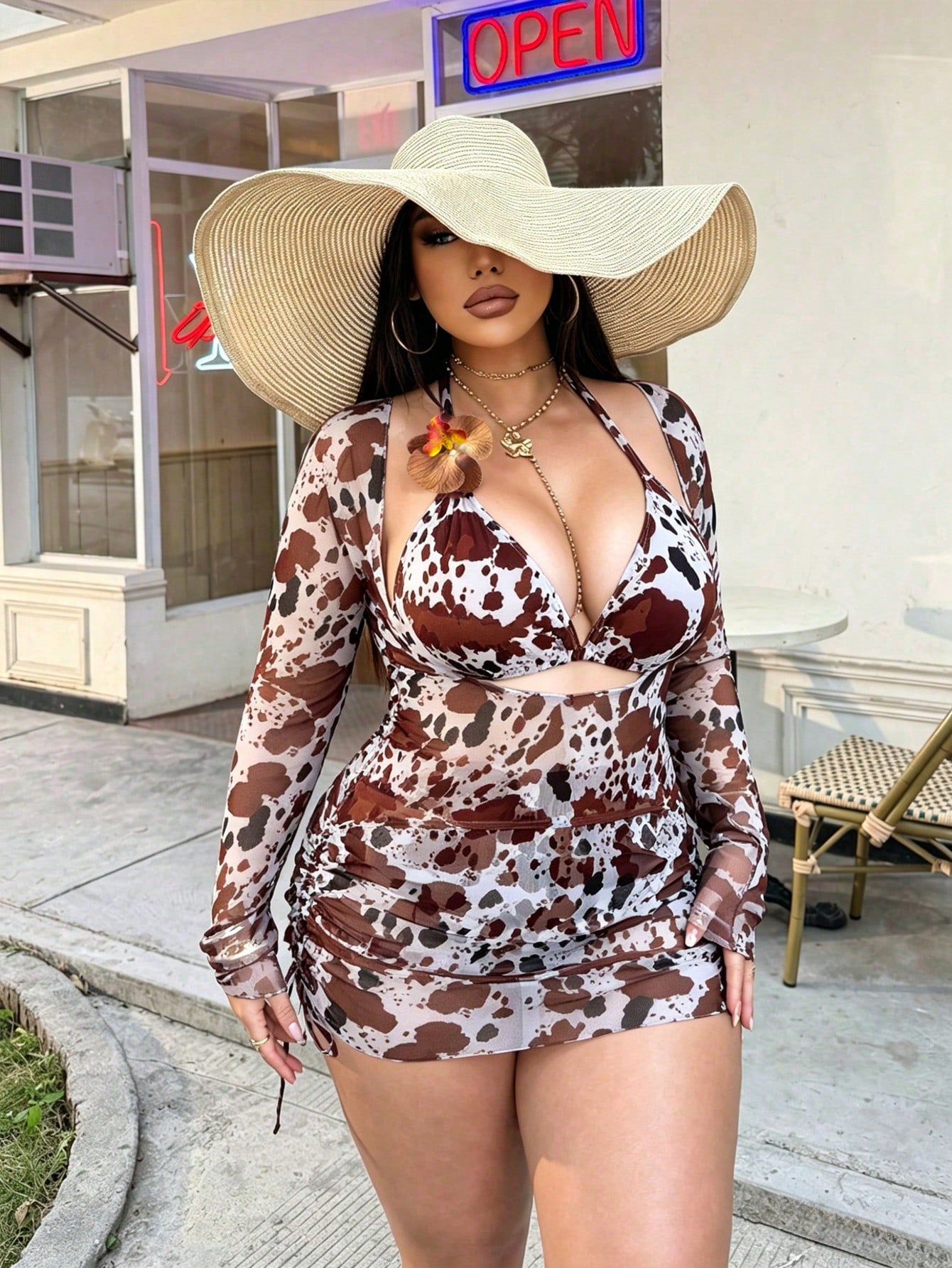 Swim SXY Plus Size 3pcs Floral Accent Solid Color Sexy Women Swimwear Set